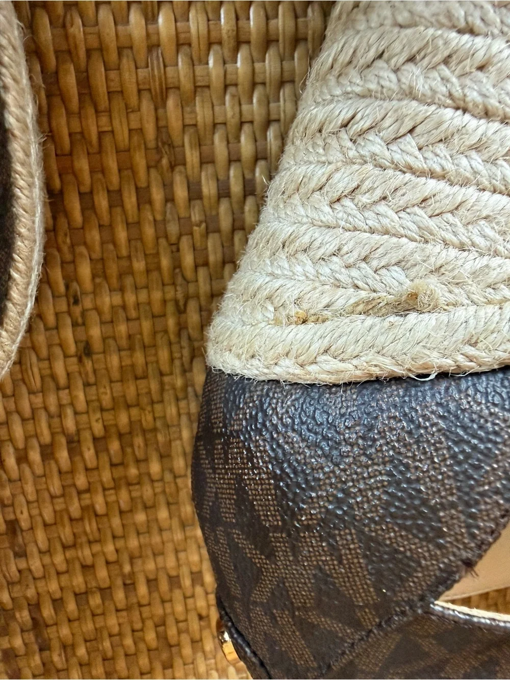Michael Kors Dark Brown Signature Canvas Espadrille Wedge Sandals with Gold Zip